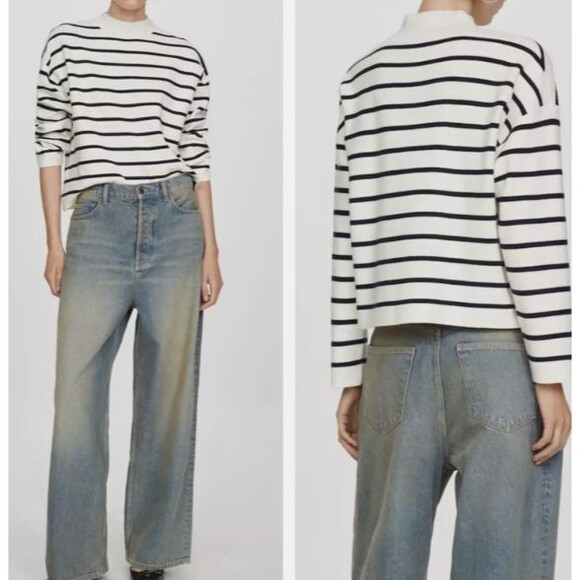 Mango Sweaters - Mango Striped Perkins Collar Sweater White Dark Navy size Medium